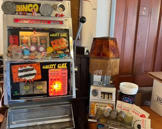 British Casino Slot Machine and poker chips, Casino Novelties