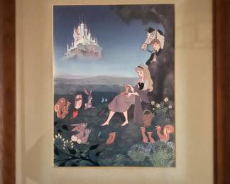 Vintage Animation Cel, Sleeping Beauty, Aurora with forest friends being observed by Phillip 