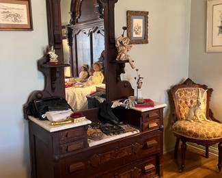 Marble top dresser, Edwardian style, turn-of-the-20th-century parlor chair
