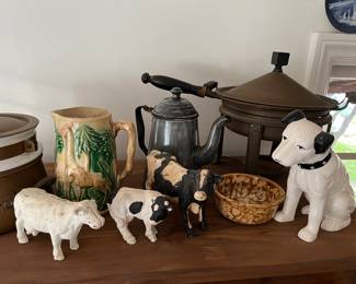 Farm house figurines, serveware, and “Nipper” the RCA Victor dog