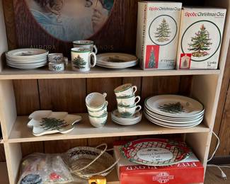 Vintage Nutcrackers, Spode Christmas Tree dinner wear. 