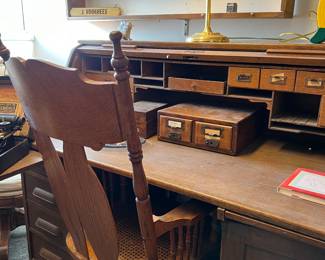 Vintage Oak Roll-top desk and desk chair, Oak office card-file boxes, Bankers Lamp