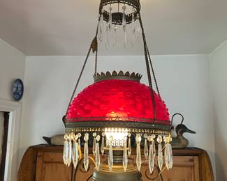 Antique Oil Lamp Ruby glass shade and prism drops converted to electricity
