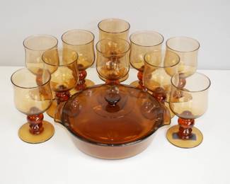 Amber Casserole Dish & Ten Amber Goblets w/Ball Stem (Total of 11 Items)
