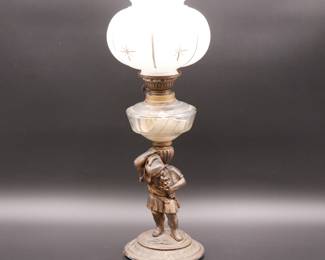 Metal Gnome Figural Oil Lamp w/Glass Shade
