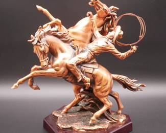 Cowboy w/Two Rearing Horses Statue
