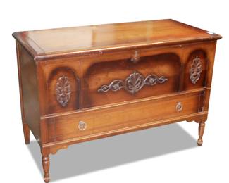 Vintage Cedar Standing Chest with Ornate Filigree Carvings
