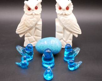 Ron Ray Signed Bluebird of Happiness Set &White Carved Stone Owls (9 Item Total)
