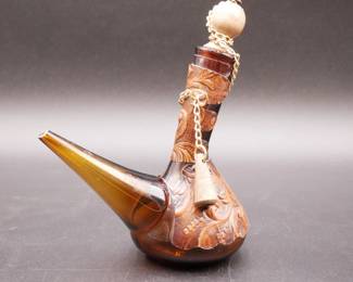 Spanish Porron Amber Glass Wine Pitcher w/Tooled Leather Cover
