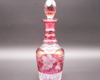 Cranberry Cut Glass Decanter w/Embossed Grapevine Design
