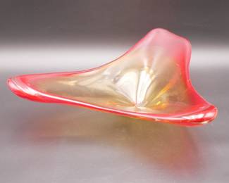Large Triangular Abstract Orange & Red Glass Centerpiece Bowl
