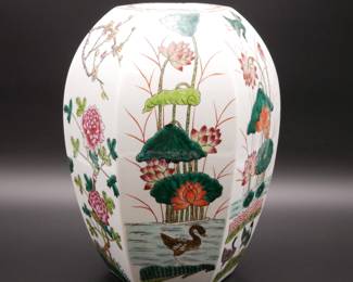 Large Hexagonal Vase w/Rounded Sides & Colorful Decoration
