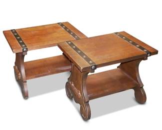 Pair of Vintage Lane Furniture Rustic Wooden Side Table with Leather Straps
