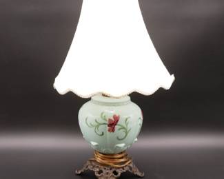 Ceramic Celadon Lamp w/Hand Painted Flowers & Metal Base

