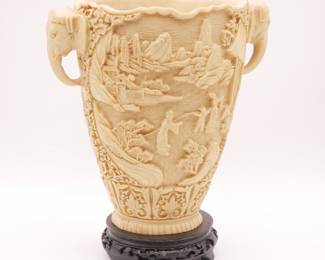 Chinoiserie Relief Carved Scenic Resin Vase w/Elephant Head Handles
