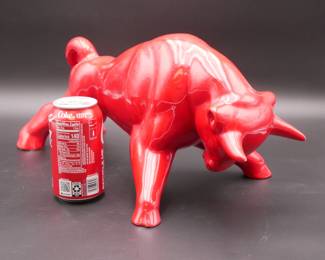 Bright Red Ceramic Bull Sculpture
