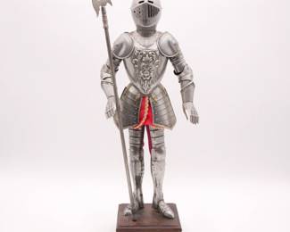Medieval Knight in Full Metal Armor w/Halberd on Wood Display Stand
