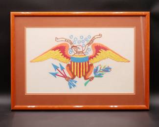 Framed American Eagle Crewel Needlework on Linen
