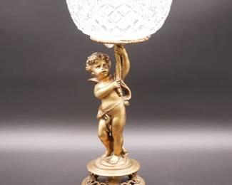 Genuine Lead Cut Crystal Bowl on Metal Cherub Pedestal Stand
