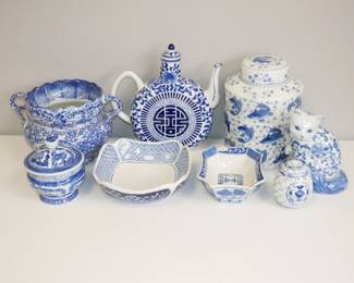 Large Blue & White Ceramic Chinoiserie Containers & Decor (Total of 8)
