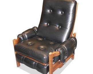 Vintage Mid-Century Modern Black Leather and Walnut Push-Back Recliner
