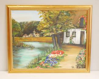 Vintage Oil on Canvas Landscape Painting of Cabin with Flowers on a River
