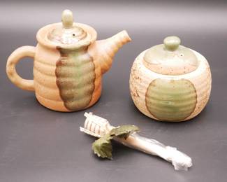 Rough Stoneware Honey Pot & Teapot w/Green Glazed Patches
