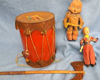 ANTIQUE TOYS LOT OLD METAL DRUM TOMAHAWK DOLLS