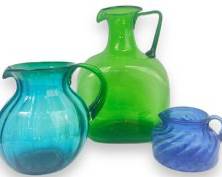 Vintage Handblown Large Blenko Pitcher Tall Green Pitcher and Blue Swirl Art Glass Pitcher MCM Mid Century Modern Art Glass
