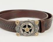 Fine Matt Hackett 14K Gold & Sterling Silver Texas Lone Stars W/ Mexican Pesos Coin Belt Buckle On Tom Taylor 32 Inch Belt
