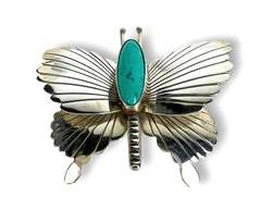 Signed Marian Nez Navajo Native American Sterling Silver Turquoise Butterfly Pin. 8.2 Grams.

