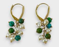 Fine 14K Yellow Gold Turquoise Pearl Dangle Earrings
