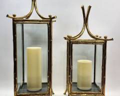 2 Maitland & Smith Brass Pagoda Style Faux Bamboo Beveled Glass Lanterns
