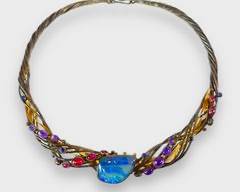Beautiful Sterling Silver & 10K Yellow Gold Opal Gemstone Collar Necklace
