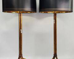 Pair High Style 38" High Bronze Painted Gilt Metal Tall Lamps with Paper Shades Modern Hollywood Regency Style
