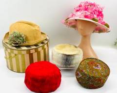 1950-70's Vintage adorable hat lot Red Feather, Suede, fur, Paisley Print and Faux Flower Decorated. Brands inlude LA MILLER XL,
