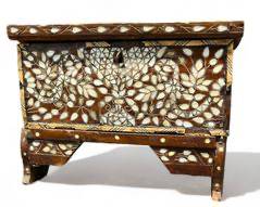 Antique Handmade Inlaid Bone and Mother of Pearl Front Opening Middle Eastern Hinged Storage Box
