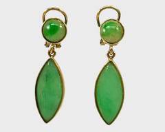 Fine 14K Yellow Gold Jade Drop Dangle Pierced Earrings
