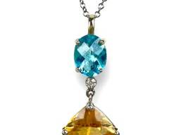 Vibrant 14k White Gold Citrine, Blue Topaz & Diamond Necklace. 4.8 Grams.

