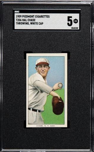 Hal  Chase - 1909 T206 - Piedmont Back - This is the rarer White Cap Version of "Prince Hal" - a noted gambler who was ultimately banned for gambling after the 1919 World Series fixing scandal - One of the best 1st baseman of the era - Card has earned a SGC 5 rating - Only 6 cards of this version have been graded higher - $799.00