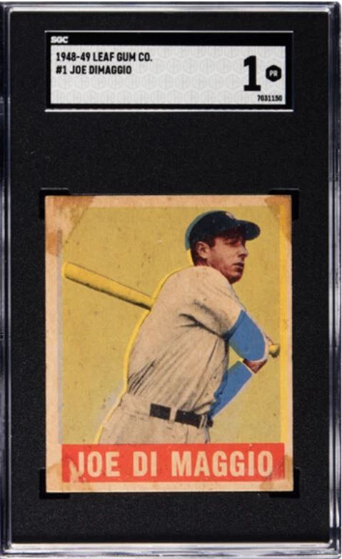 Joe DiMaggio - 1948 Leaf Card #1 - Yankee Outfield and Hall of Fame Member - Holder of Record for Most Consecutive Games with a Hit - Authenticated and Graded SGC 1 - $995.00