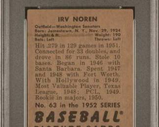 Irv Noren 1952 Bowman PSA 3 Back - $49.00