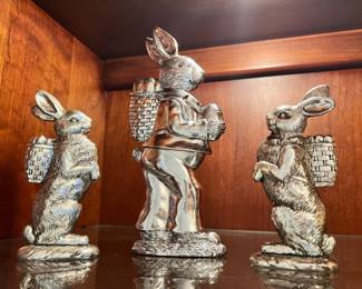Set of Three Silver Resign Bunny Figurines
