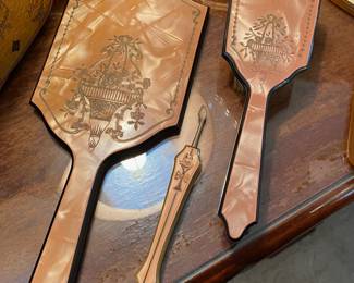 1920's Art Deco Bakelite Celluloid Vanity Mirror, Brush, Cuticle Trimmer