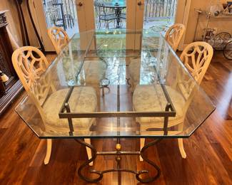 Metal Frame/Glass Top Dining Table, Set of 4 White Web Back Dining Chairs