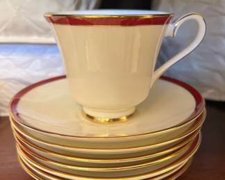 Minton Footed Cup & Saucer Set of 7 Saturn Ruby Crimson