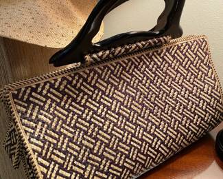 Brown and Cream Wicker Wooden Handle Purse