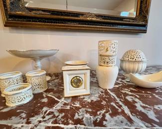 Set of 3 Lenox Etched Candle Holders, Lenox Dimension Collection Eternal Clock, Lenox Ginger Jar Flower Pattern, Lenox Olympia Platinum Boat Shaped Bowl