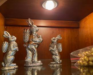 Set of Three Silver Resign Bunny Figurines