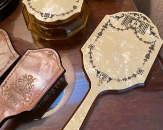 Art Deco Celluloid and Amber Glass Vanity Mirror and Powder Dish
